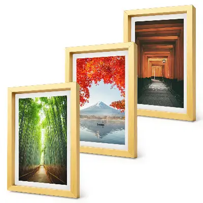 Ensemble de 3 tableaux représentant une forêt de bambous, le mont Fuji et un sentier torii dans les paysages du Japon