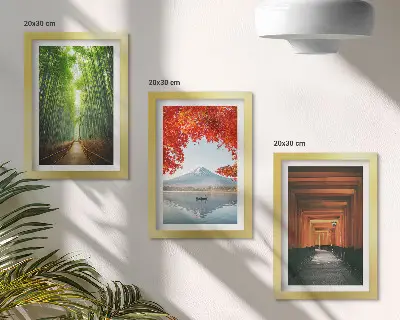 Ensemble de 3 tableaux représentant une forêt de bambous, le mont Fuji et un sentier torii dans les paysages du Japon