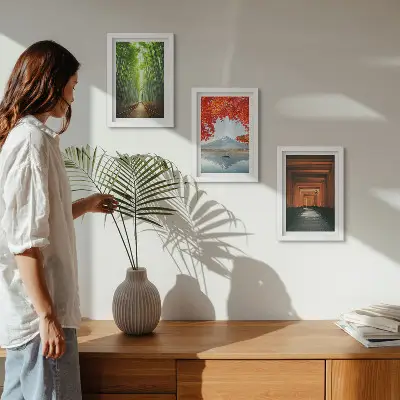 Ensemble de 3 tableaux représentant une forêt de bambous, le mont Fuji et un sentier torii dans les paysages du Japon