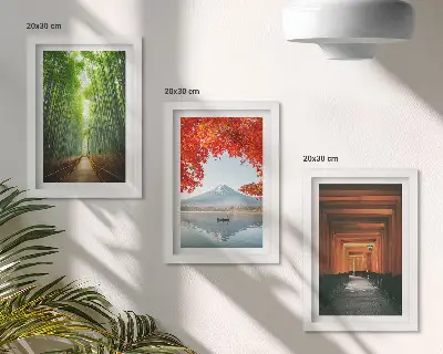 Ensemble de 3 tableaux représentant une forêt de bambous, le mont Fuji et un sentier torii dans les paysages du Japon
