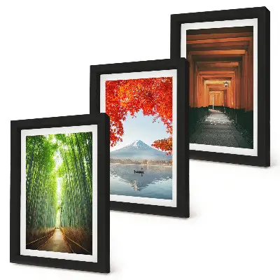 Ensemble de 3 tableaux représentant une forêt de bambous, le mont Fuji et un sentier torii dans les paysages du Japon