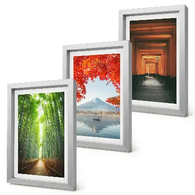 Ensemble de 3 tableaux représentant une forêt de bambous, le mont Fuji et un sentier torii dans les paysages du Japon