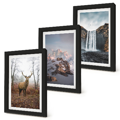Lot de 3 tableaux Paysages naturels sauvages, montagnes, cerfs et cascades