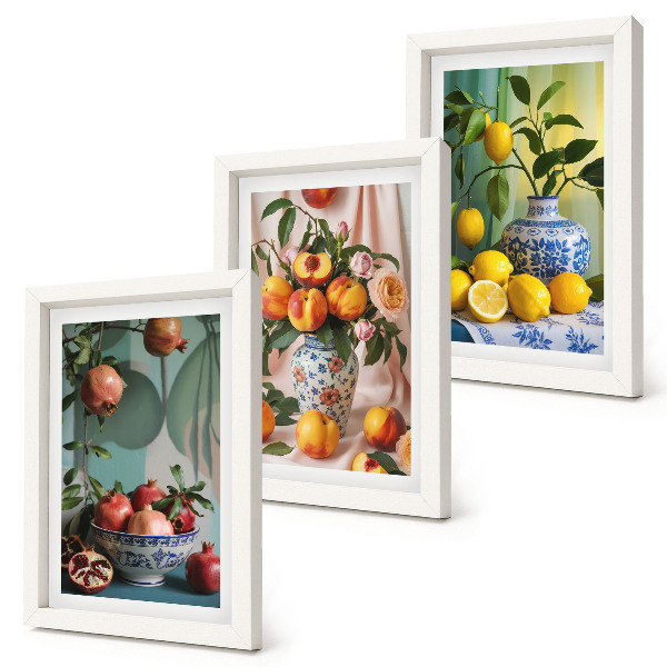 Ensemble de 3 tableaux Grenades, pêches et citrons dans des vases