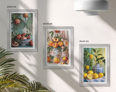 Ensemble de 3 tableaux Grenades, pêches et citrons dans des vases