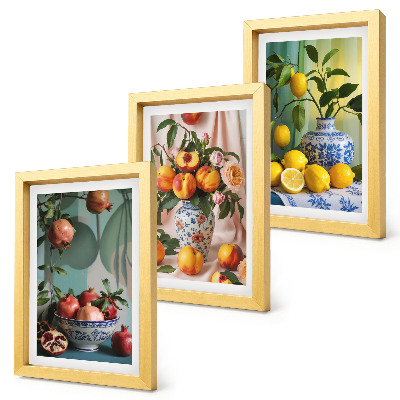 Ensemble de 3 tableaux Grenades, pêches et citrons dans des vases