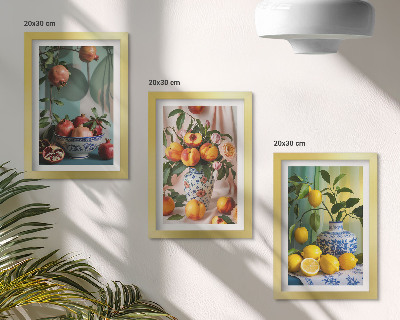 Ensemble de 3 tableaux Grenades, pêches et citrons dans des vases