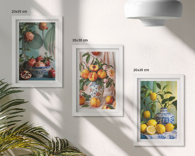 Ensemble de 3 tableaux Grenades, pêches et citrons dans des vases