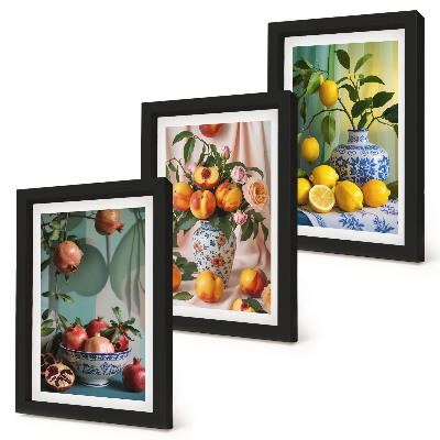 Ensemble de 3 tableaux Grenades, pêches et citrons dans des vases