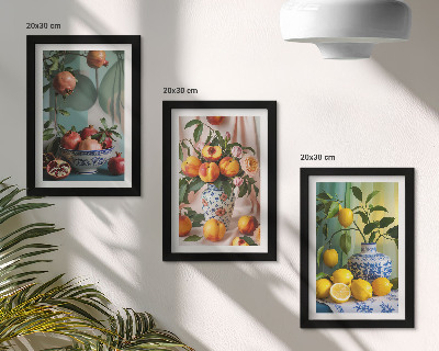 Ensemble de 3 tableaux Grenades, pêches et citrons dans des vases