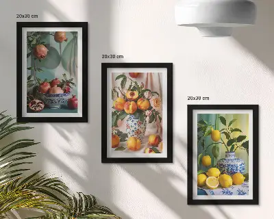 Ensemble de 3 tableaux représentant des grenades, des pêches et des citrons dans des vases