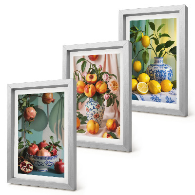 Ensemble de 3 tableaux Grenades, pêches et citrons dans des vases