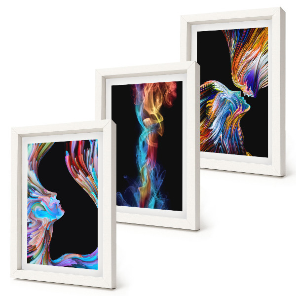 Lot de 3 tableaux Abstractions colorées avec des visages et des formes dynamiques
