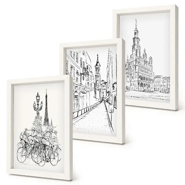 Lot de 3 tableaux dessins simples de vues de ville
