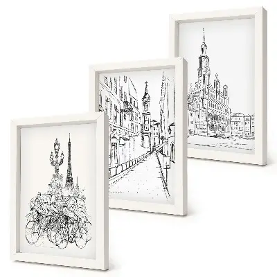 Lot de 3 tableaux dessins simples de vues de ville