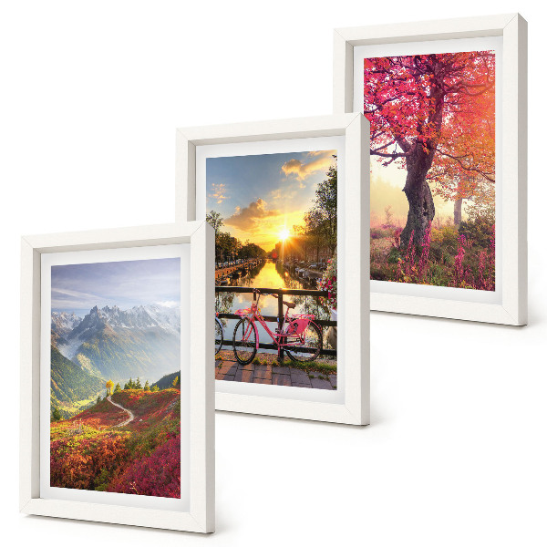 Ensemble de 3 tableaux Paysages de montagne avec un vélo et un arbre d'automne