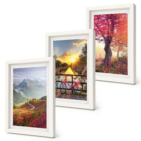 Ensemble de 3 tableaux représentant des paysages de montagne avec un vélo et un arbre d'automne
