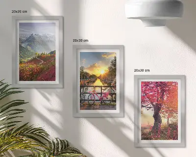 Ensemble de 3 tableaux représentant des paysages de montagne avec un vélo et un arbre d'automne