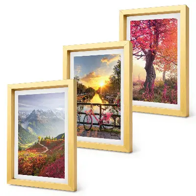 Ensemble de 3 tableaux représentant des paysages de montagne avec un vélo et un arbre d'automne