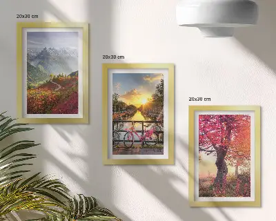 Ensemble de 3 tableaux représentant des paysages de montagne avec un vélo et un arbre d'automne