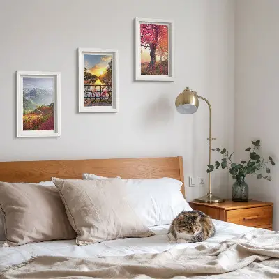 Ensemble de 3 tableaux représentant des paysages de montagne avec un vélo et un arbre d'automne