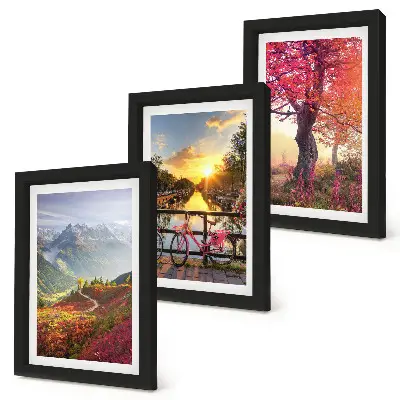 Ensemble de 3 tableaux représentant des paysages de montagne avec un vélo et un arbre d'automne