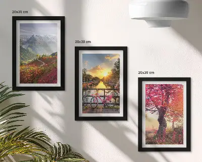 Ensemble de 3 tableaux représentant des paysages de montagne avec un vélo et un arbre d'automne