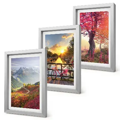 Ensemble de 3 tableaux représentant des paysages de montagne avec un vélo et un arbre d'automne