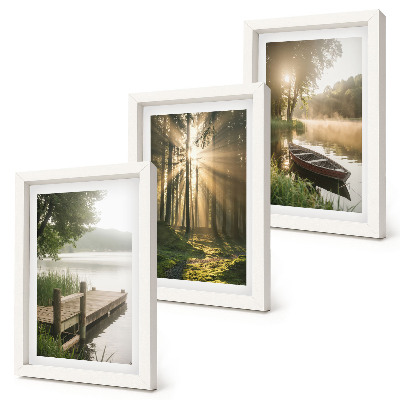 Lot de 3 tableaux Un lac calme, une forêt et un bateau dans le brouillard matinal