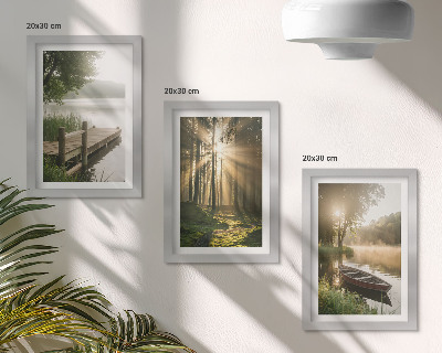 Lot de 3 tableaux Un lac calme, une forêt et un bateau dans le brouillard matinal