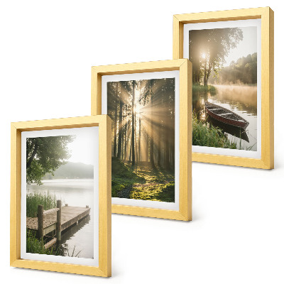 Lot de 3 tableaux Un lac calme, une forêt et un bateau dans le brouillard matinal