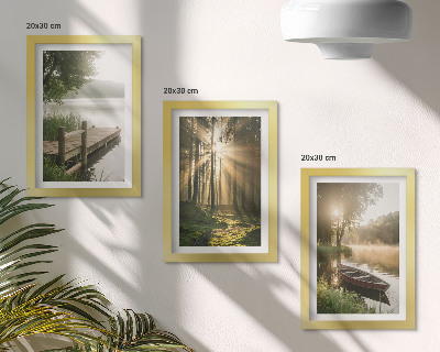 Lot de 3 tableaux Un lac calme, une forêt et un bateau dans le brouillard matinal