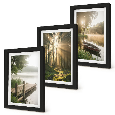 Lot de 3 tableaux Un lac calme, une forêt et un bateau dans le brouillard matinal