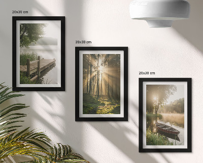 Lot de 3 tableaux Un lac calme, une forêt et un bateau dans le brouillard matinal