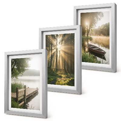 Lot de 3 tableaux Un lac calme, une forêt et un bateau dans le brouillard matinal