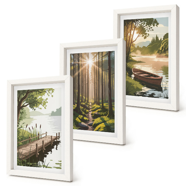Ensemble de 3 tableaux Paysages paisibles de forêt et de lac avec un bateau