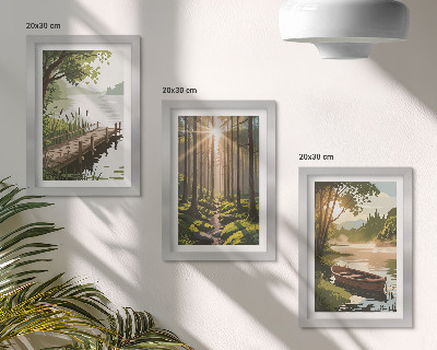 Ensemble de 3 tableaux Paysages paisibles de forêt et de lac avec un bateau