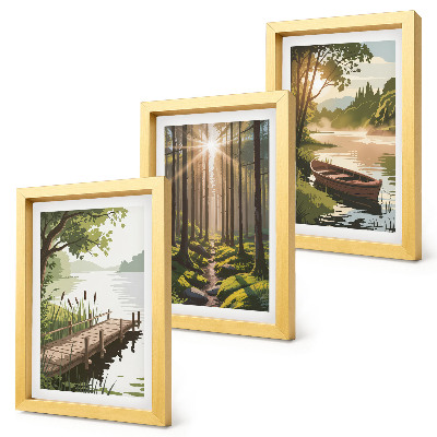 Ensemble de 3 tableaux Paysages paisibles de forêt et de lac avec un bateau