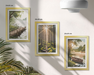 Ensemble de 3 tableaux Paysages paisibles de forêt et de lac avec un bateau