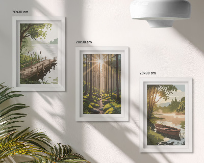 Ensemble de 3 tableaux Paysages paisibles de forêt et de lac avec un bateau