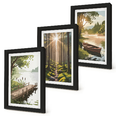 Ensemble de 3 tableaux Paysages paisibles de forêt et de lac avec un bateau