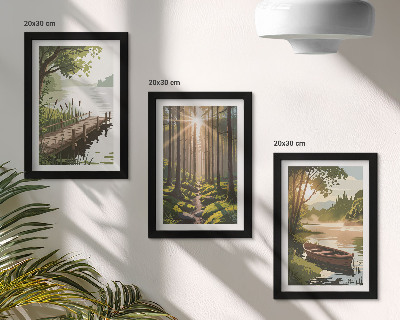 Ensemble de 3 tableaux Paysages paisibles de forêt et de lac avec un bateau