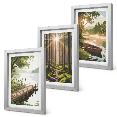Ensemble de 3 tableaux Paysages paisibles de forêt et de lac avec un bateau