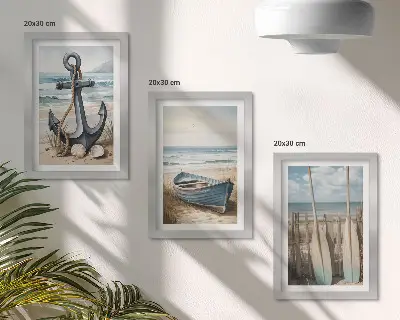 Mur de cadres représentant une ancre et des rames sur la plage face à la mer