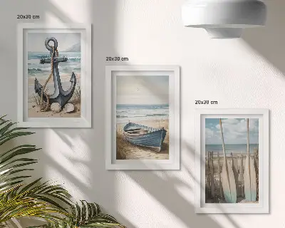 Mur de cadres représentant une ancre et des rames sur la plage face à la mer