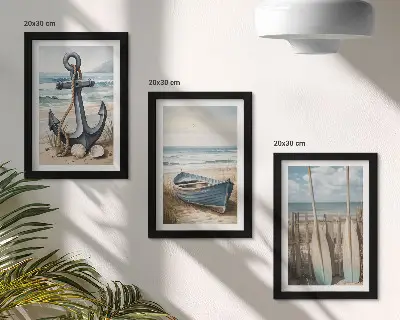 Mur de cadres représentant une ancre et des rames sur la plage face à la mer
