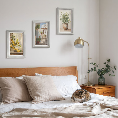 Lot de 3 tableaux Citrons dans un vase et plantes dans une architecture blanche