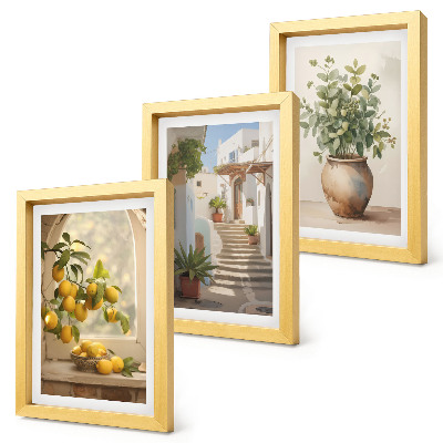 Lot de 3 tableaux Citrons dans un vase et plantes dans une architecture blanche