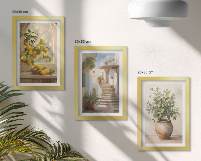 Lot de 3 tableaux Citrons dans un vase et plantes dans une architecture blanche