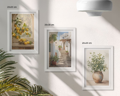 Lot de 3 tableaux Citrons dans un vase et plantes dans une architecture blanche